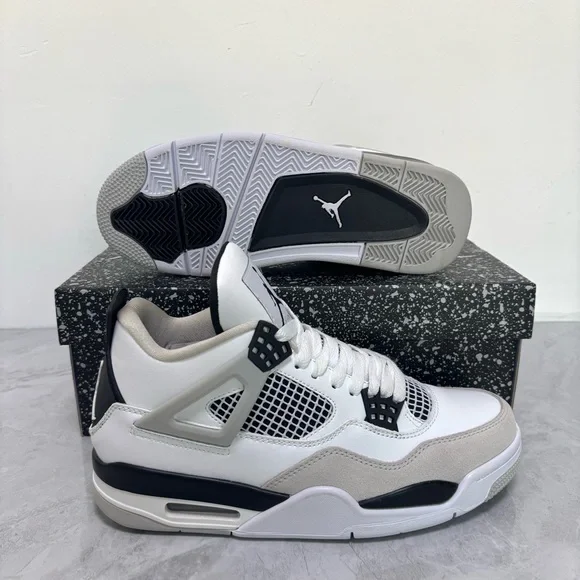 Brand New Retro 4 Military Black -Men’s Sneakers Trainers-White/Light Grey/Black - Picture 5 of 6